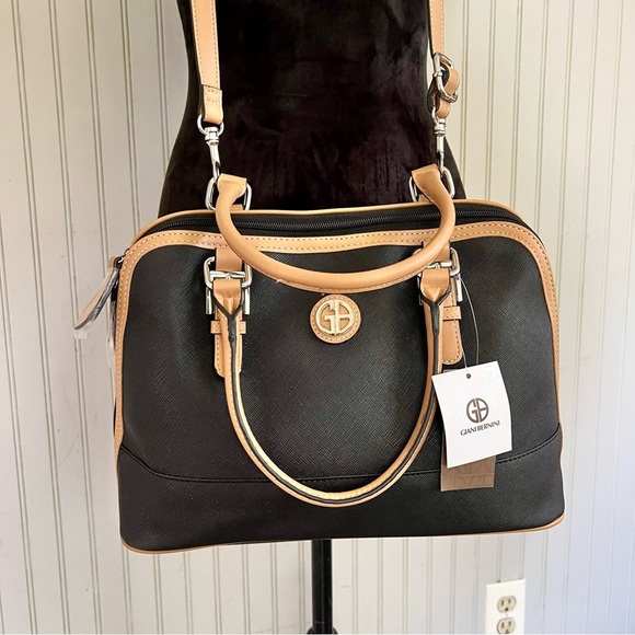 Giani Bernini NWT Saffiano Black & Tan Structured Satchel Crossbody - Picture 1 of 12
